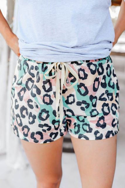 Leopard Print Elastic Waist Drawstring Shorts With Pocket LC771761-20