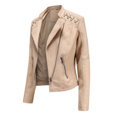 Khaki Zipper Slim Fit Motorcycle PU Leather Jacket TQK280090-21