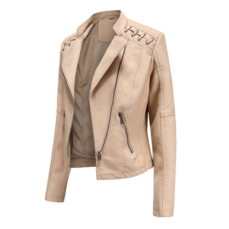 Khaki Zipper Slim Fit Motorcycle PU Leather Jacket TQK280090-21