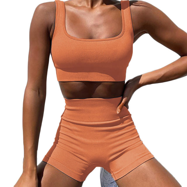 Orange Seamless Knit Yoga Bra with Shorts Set TQK710237-14