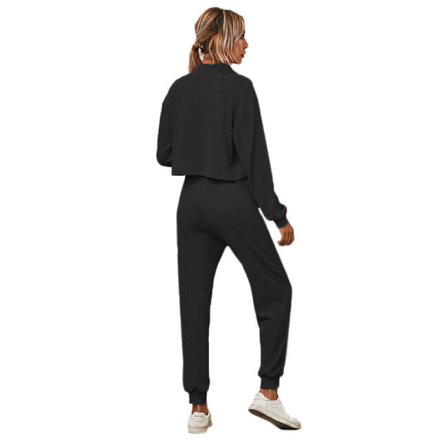 Black Zipper Up Leopard Detail Sweatshirt with Pant Set TQK710222-2