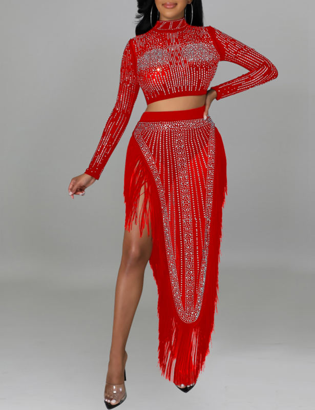 Red Rhinestone Long Sleeve Crop Tops and Tassels Skirt Set TQV810016-3