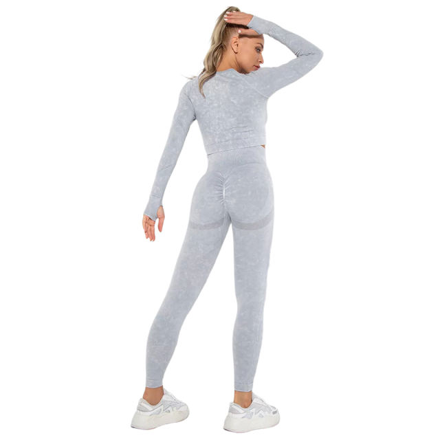 Light Gray Nylon Seamless Long Sleeve Pant Yoga Set TQE91361-112