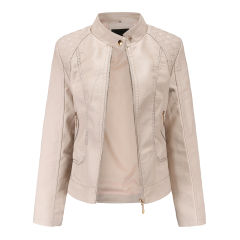 Khaki Classic Style Stand Collar PU Leather Jacket TQK280092-21