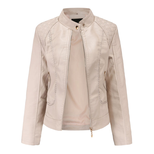 Khaki Classic Style Stand Collar PU Leather Jacket TQK280092-21