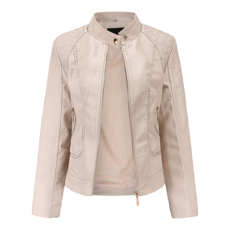 Khaki Classic Style Stand Collar PU Leather Jacket TQK280092-21