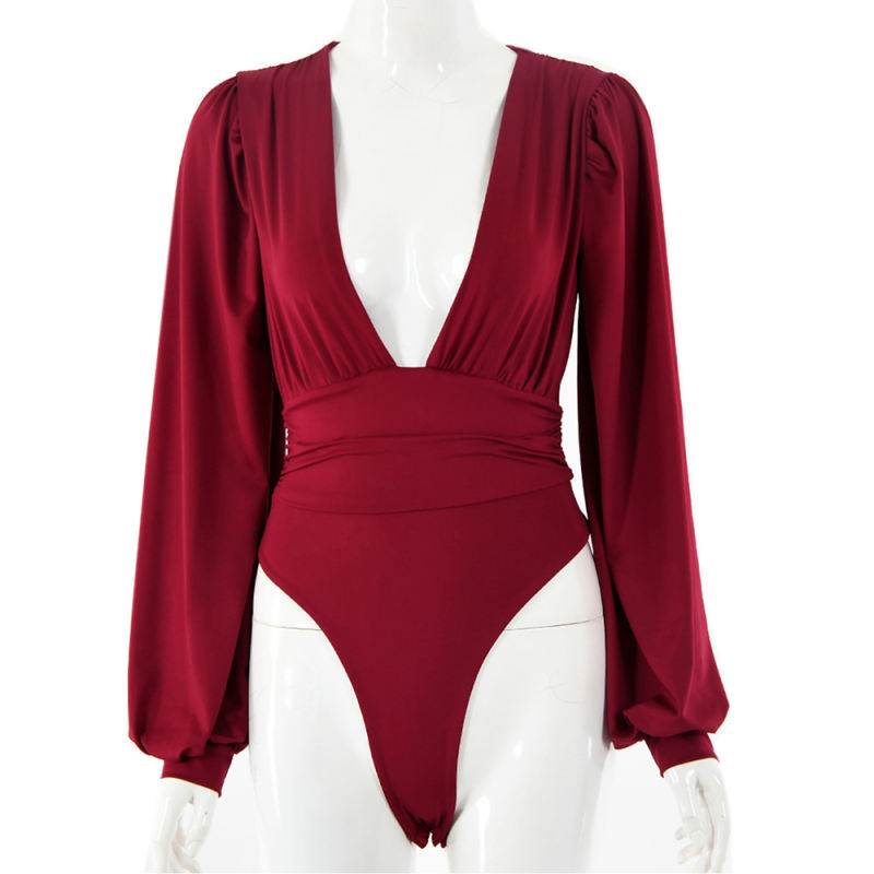 Wine Red Deep V Neck Pleated Long Sleeve Bodysuit TQK550214-103