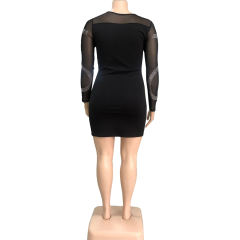 Black Mesh Rhinestone Long Sleeve Plus Size Dress TQK310440-2