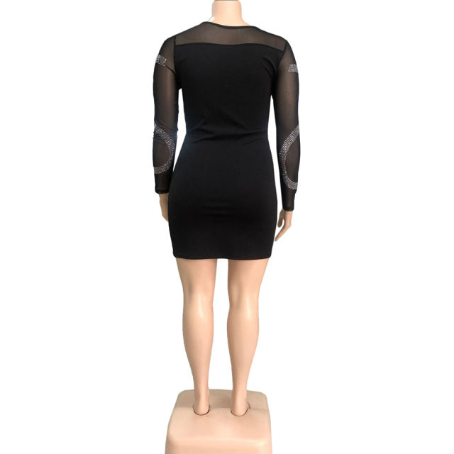 Black Mesh Rhinestone Long Sleeve Plus Size Dress TQK310440-2