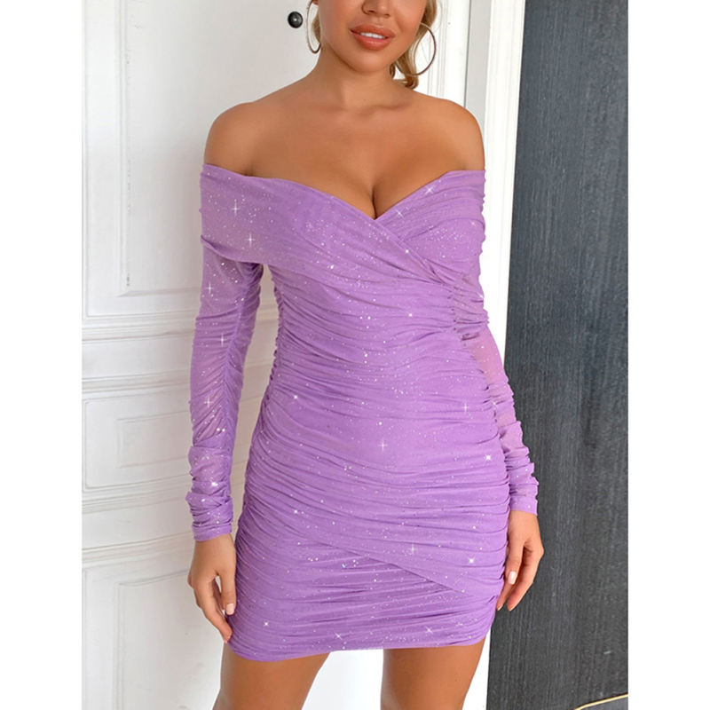 Purple Off the Shoulder Shinning Long Sleeve Dress TQK311217-8