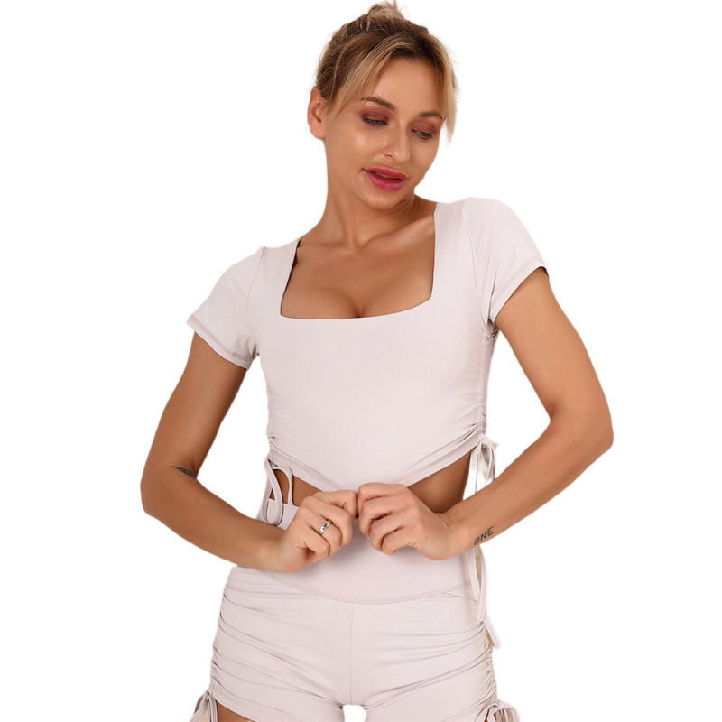 Light Gray Sides Drawstring Short Sleeve Yoga Short Set TQK710241-25