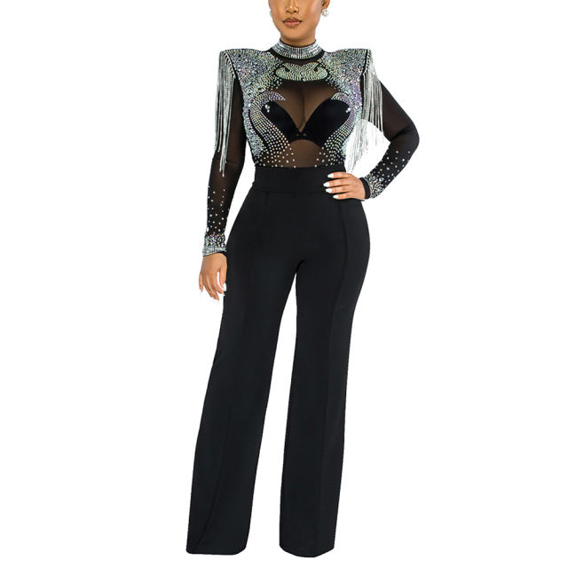 Black Rhinestone Mock Neck Tassel Jumpsuit TQK550272-2