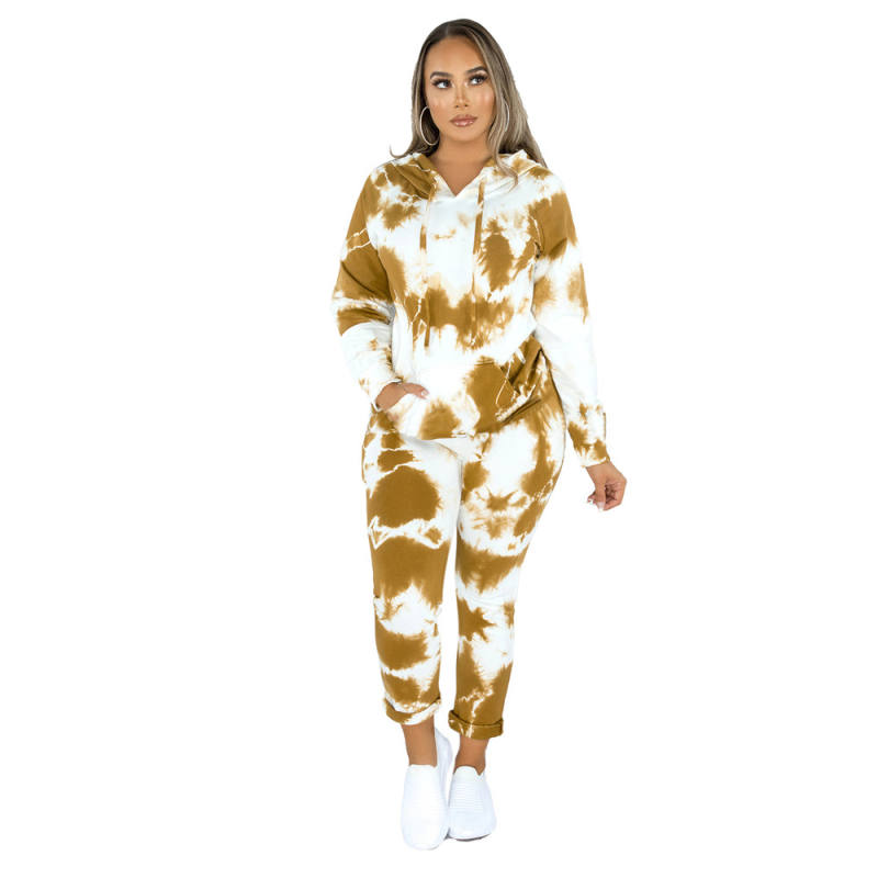 Yellow Tie Dye Print Hoodies with Pant Set TQK710224-7