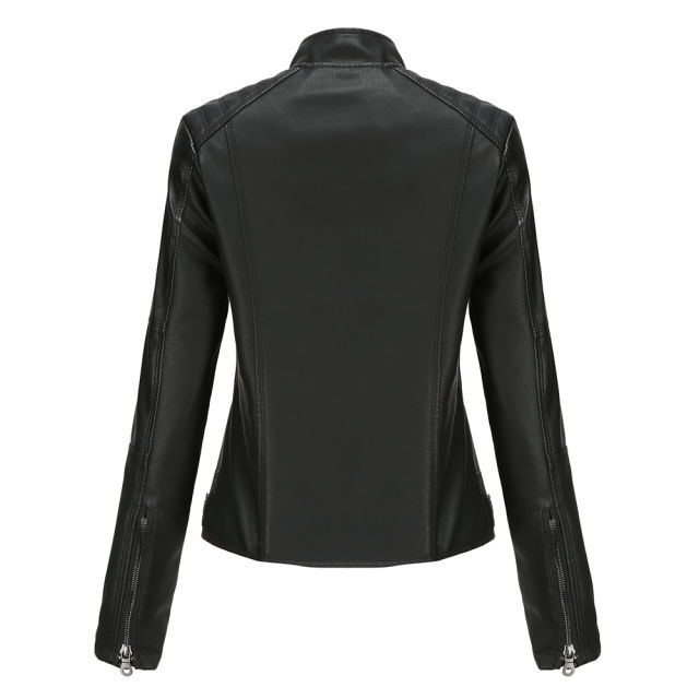 Black Slim Fit Stand Collar PU Motorcycle Jacket TQK280091-2