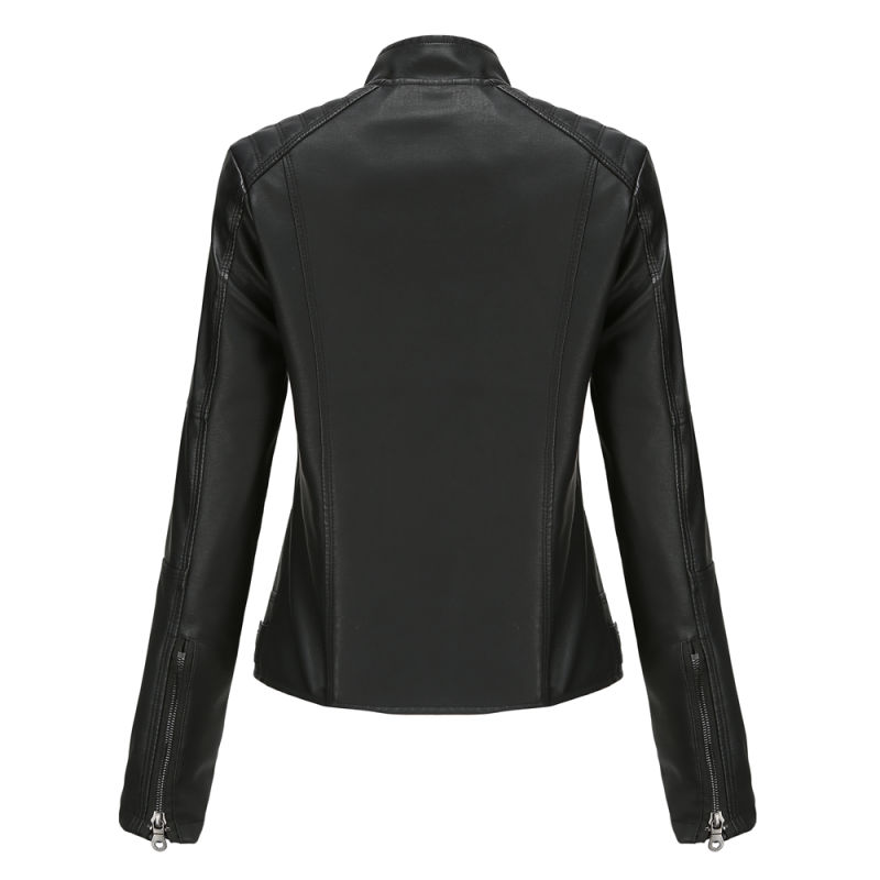 Black Slim Fit Stand Collar PU Motorcycle Jacket TQK280091-2