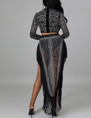 Black Rhinestone Long Sleeve Crop Tops and Tassels Skirt Set TQV810016-2