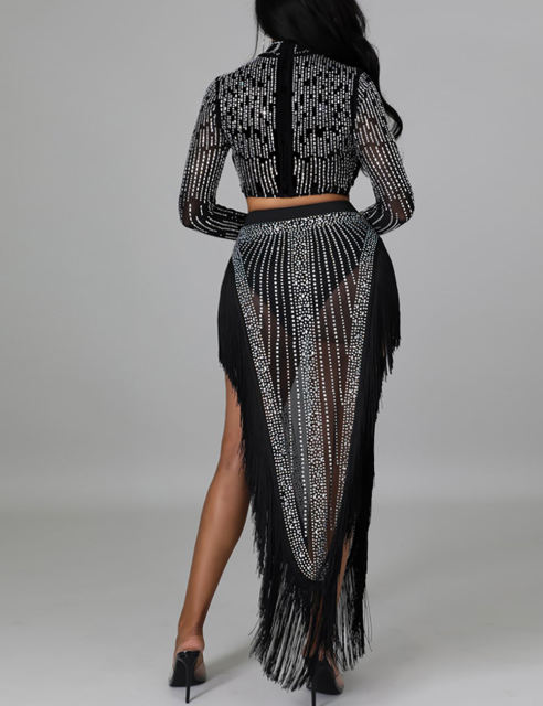 Black Rhinestone Long Sleeve Crop Tops and Tassels Skirt Set TQV810016-2