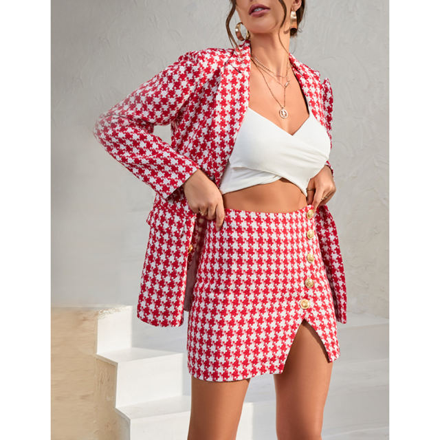 Red Plaid Print Blazer and Button Split Skirt Set TQF711046-3
