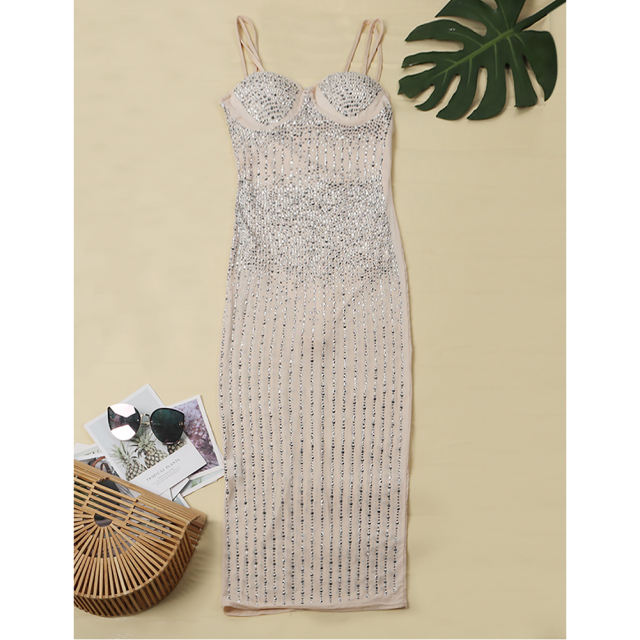 Apricot Mesh Rhinestone Plus Size Sling Dress TQK310775-18