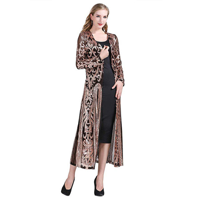 Black Sequined Perspective Long Cardigan TQK280045-2
