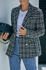Black Lapel Collar Plaid Tweed Double Breasted Blazer LC852400-2