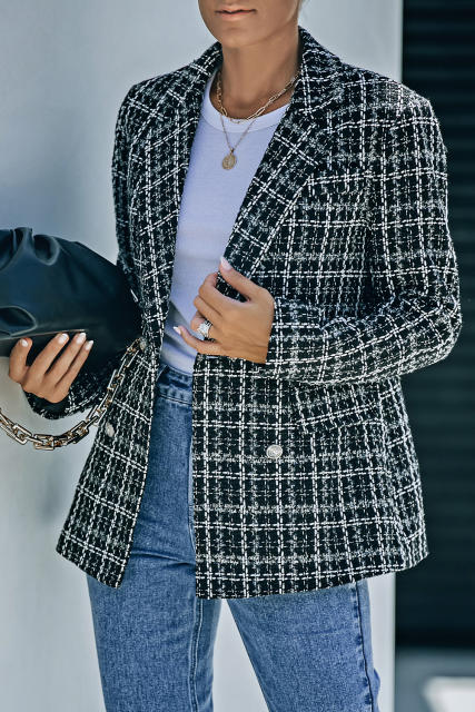 Black Lapel Collar Plaid Tweed Double Breasted Blazer LC852400-2