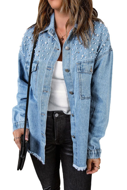 Sky Blue Rhinestone Pearls Denim Shacket LC788118-4