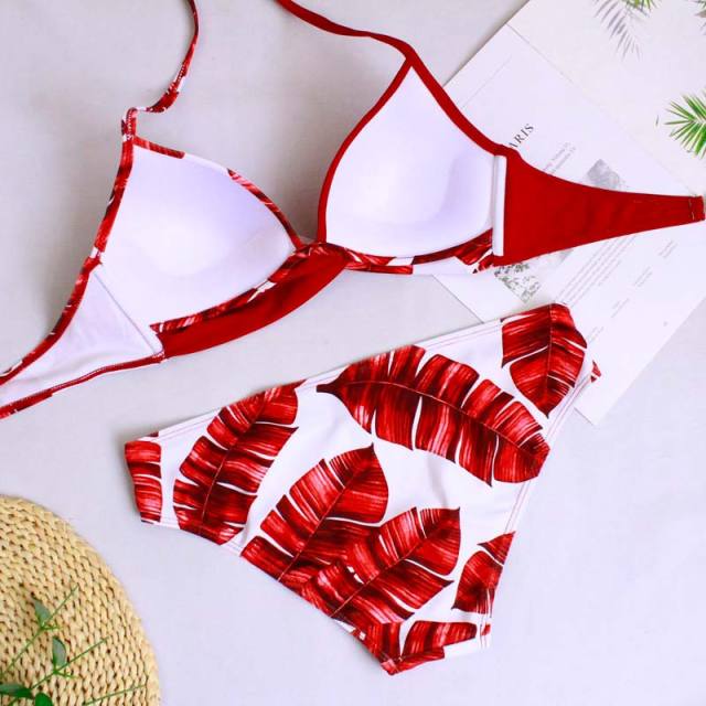 Red Leaf Print Halter Bikini Swimsuit TQK610119-3