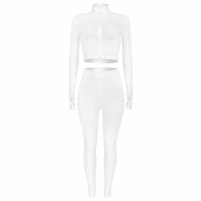 White Cotton Blend Zipper Datail Long Sleeve Top with Pant Set TQK710132-1
