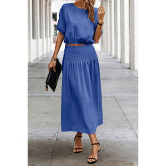 Blue Pleated Crop Top with Skirt Set TQX711094-5