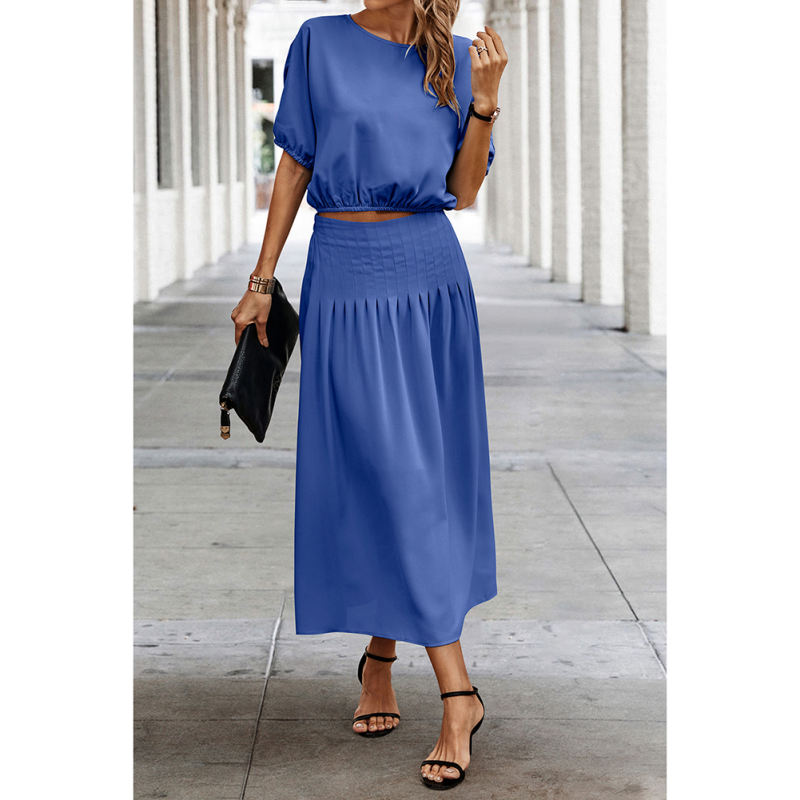 Blue Pleated Crop Top with Skirt Set TQX711094-5