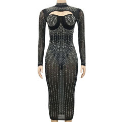 Black Mesh Rhinestone Beading Padded Long Sleeve Dress TQK311127-2