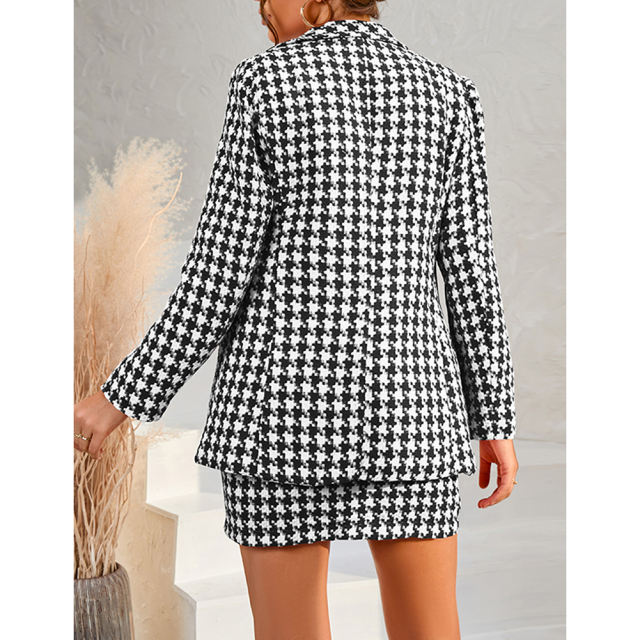 Black Plaid Print Blazer and Button Split Skirt Set TQF711046-2