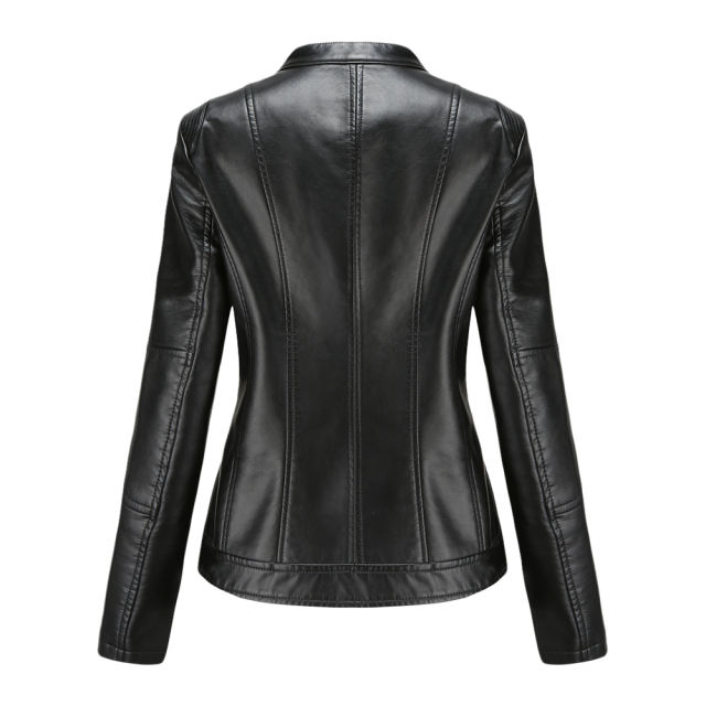 Black Stand Collar Zipper Detail PU Leather Jacket TQK280094-2