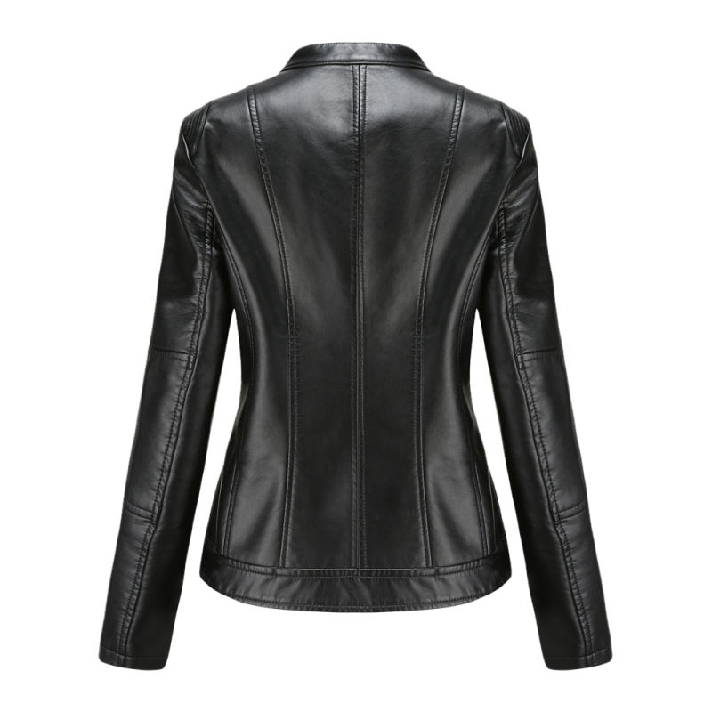Black Stand Collar Zipper Detail PU Leather Jacket TQK280094-2
