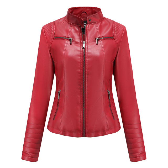 Red Zipper Pockets Long Sleeve PU Leather Jacket TQK280093-3