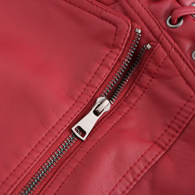 Red Zipper Slim Fit Motorcycle PU Leather Jacket TQK280090-3