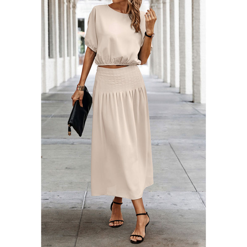 Apricot Pleated Crop Top with Skirt Set TQX711094-18