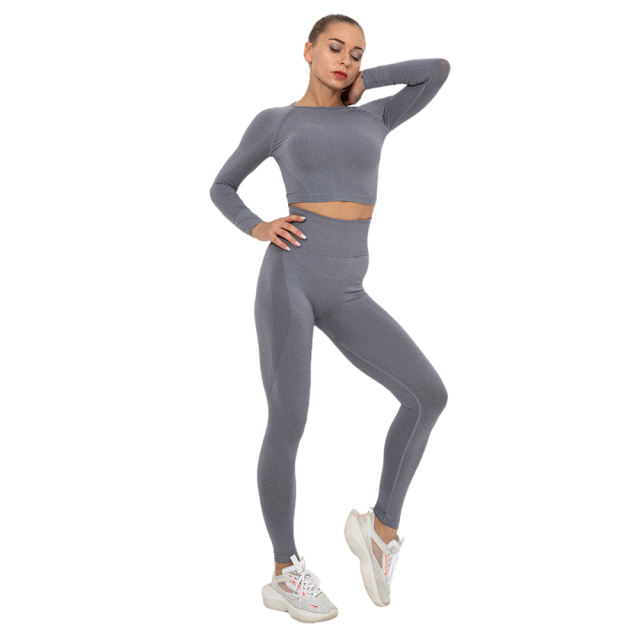 Gray Seamless Long Sleeve Yoga Sports Set TQE00135-11