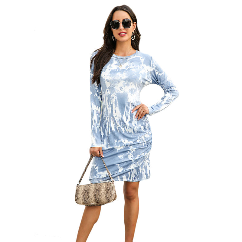 Navy Blue Tie Dye Print Long Sleeve Dress TQK310360-34