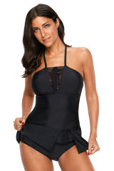 Black Blouson Style Floral T-back Tankini Top