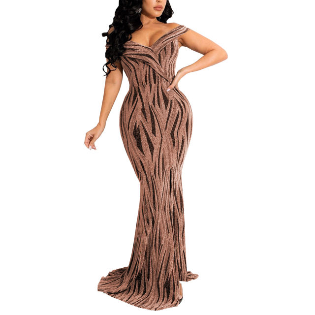 Champagne Shiner V-Neck Fishtail Evening Dress TQK311174-53