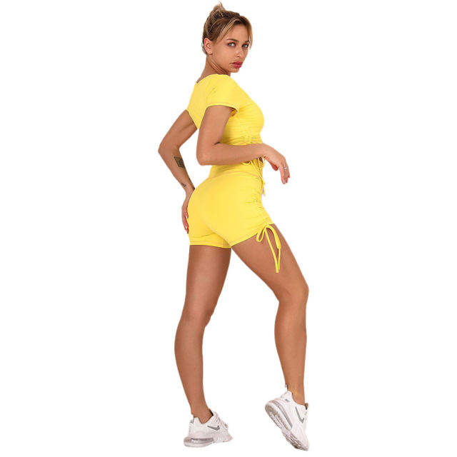 Yellow Sides Drawstring Short Sleeve Yoga Short Set TQK710241-7