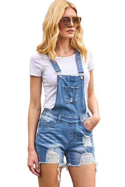Raw Hem Ribbed Light Blue Denim Overall Shorts
