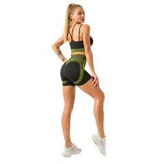 Army Green Splice Black Sports Bra With Shorts Set TQK710234-27