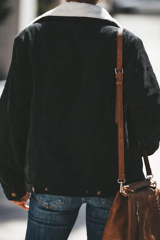 Black Fold Over Collar Zipper Plain Jacket LC85302-2