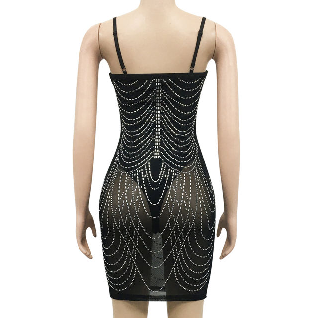 Black Padded Rhinestone Studded Mesh Sling Bodycon Dress TQK311158-2