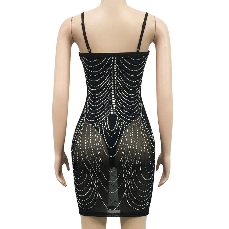 Black Padded Rhinestone Studded Mesh Sling Bodycon Dress TQK311158-2