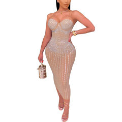 Apricot Mesh Rhinestone Plus Size Sling Dress TQK310775-18
