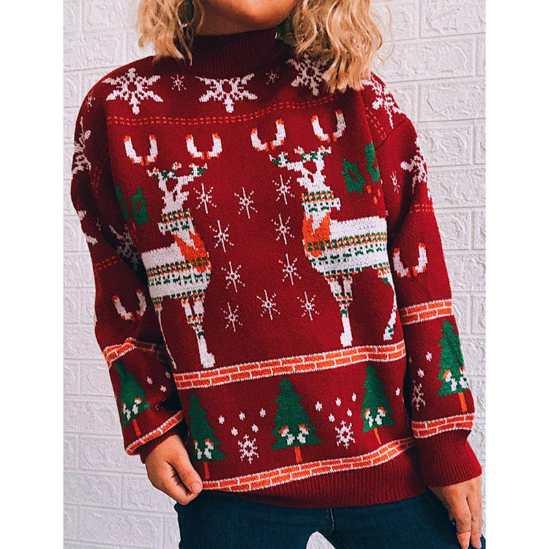 Red Christma Tree Deer Snowflake Print Knit Pullover TQK271415-3